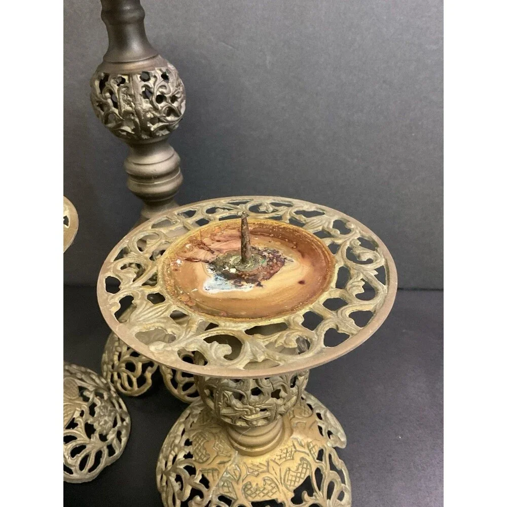 Vintage MCM Brass Filigree Set Of Candle Holders Pedestal